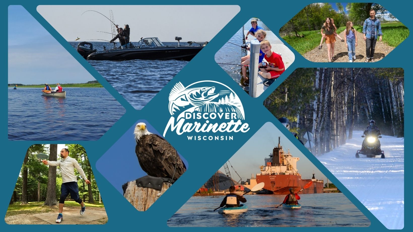 Collage of things to do in marinette around the discover marinette logo
