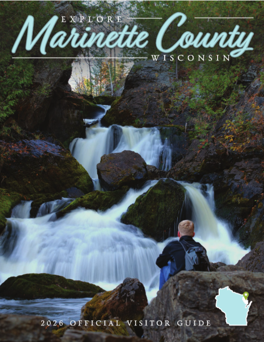 Person sitting in front of a waterfall with the text 